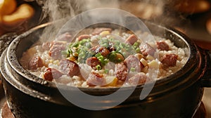 Steaming Hot Pot Of Rice Sausage And Vegetables