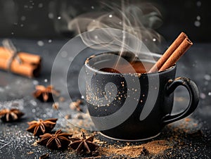 Steaming hot tea with cinnamon in a rustic mug