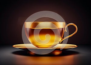 Steaming hot tea in an elegant golden cup and saucer photo