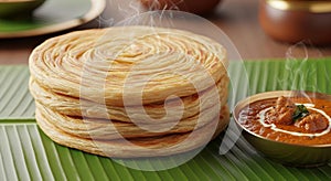 Steaming Indian Flatbread with Curry on Green Leaf