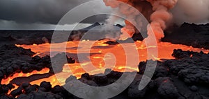 A steaming lava flow hardening into black rock, with glowing orange cracks radiating heat and photo