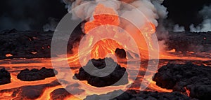 A steaming lava flow hardening into black rock, with glowing orange cracks radiating heat and photo