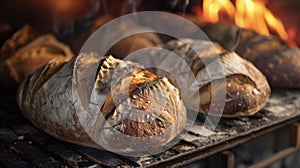 Steaming loaves of hearty sourdough bread baked in a woodfired oven are the epitome of rustic charm. The faint scent of photo