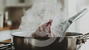 Steaming meat searing in kitchen pan, home cooking