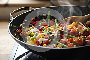 steaming mixed vegetables in the wok, asian style cooking vegetarian and healthy