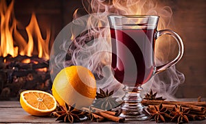 Steaming mug of aromatic mulled wine