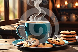 Steaming Mug of Coffee and Assorted Cookies on a Rustic Wooden Table: Morning Indulgence
