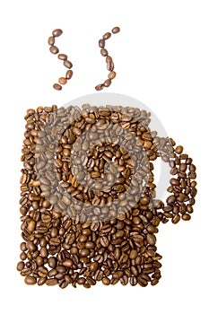 Steaming mug of coffee beans