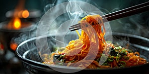 Steaming Noodles in a Dark Bowl