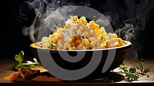 A steaming plate of hot classic Baked Homemade mac and cheese, perfectly cooked