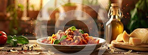 Steaming plate of pasta with fresh ingredients in a warm, homey kitchen setting