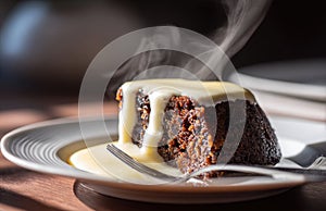Steaming Slice of Christmas Pudding with Custard
