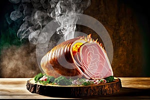 steaming sliced easter ham for festive table