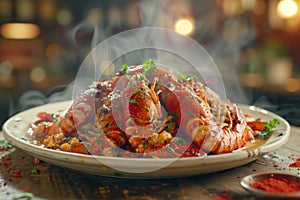 Steaming Spicy Grilled Lobster Dish on Restaurant Table with Warm Ambient Lighting