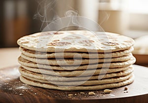 A steaming stack of flatbreads sits on a wooden surface. Each