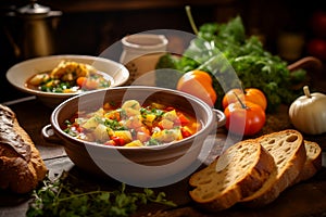 Steaming stew served on wooden table