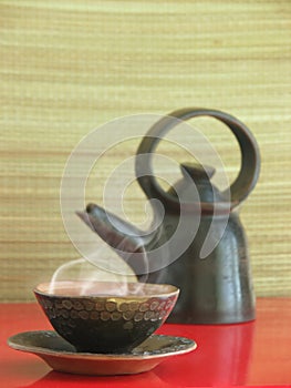 Steaming tea in japanese ceramics