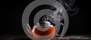 steaming tea and kettle, International Tea Day concept background with free copy space