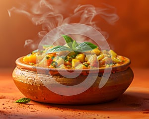 Steaming Vegetarian Stew with Potatoes and Carrots Garnished with Fresh Basil in Clay Pot on Warm Background