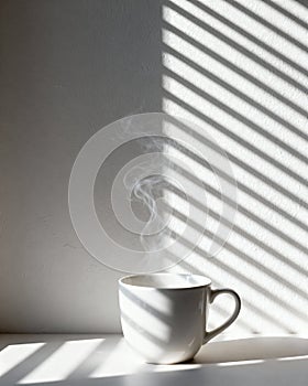 Steaming white mug with window blind shadows