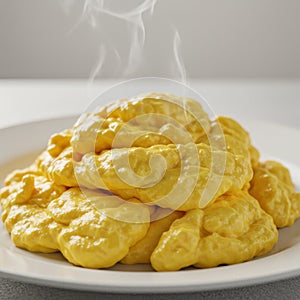 Steaming Yellow Scrambled Eggs on White Plate