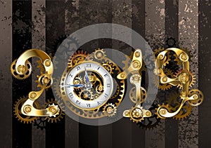 Steampunk 2019 with gears on striped background