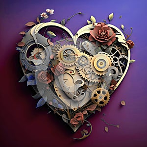 Steampunk 3d heart made of gears and flowers on a purple background