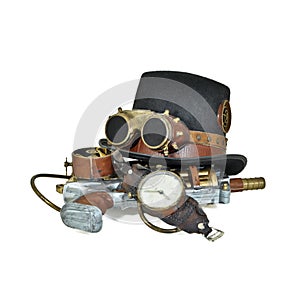Steampunk accessories - hat, goggles, gun, watch