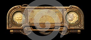 Steampunk aged metal banner with vintage sun and moon