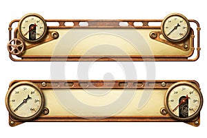 Steampunk aged metal banners with copper pipes and steam gauges