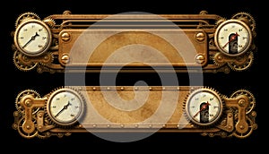 Steampunk aged metal banners with steam gauges illustration