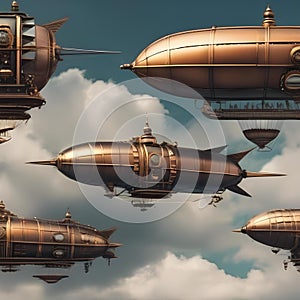 Steampunk airship fleet, floating in a cloudy sky, retro-futuristic illustration5 photo