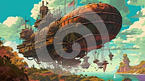 A steampunk airship flying over a floating island
