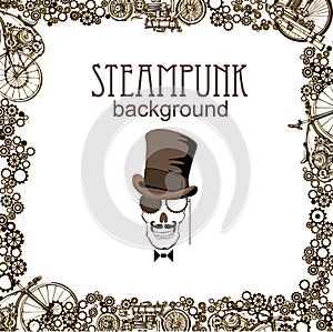 Steampunk art skull. Template steampunk design for card. Vector