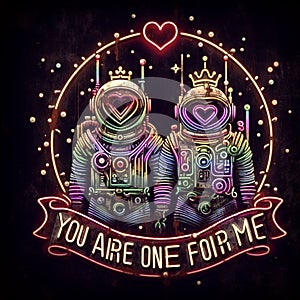 steampunk astronaut king and queen in love neon sign valentine illustration concept rusty background