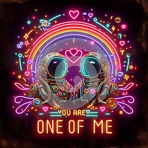 steampunk astronaut king and queen in love neon sign valentine illustration concept rusty background