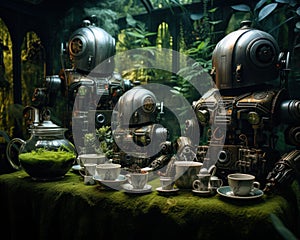 Steampunk Automatons Offering Chamomile Tea Among Holographic Ferns (AI-Generated) photo
