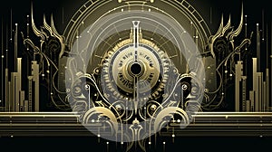 steampunk background with gears and a clock on a black background