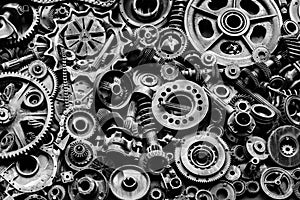 Steampunk background, machine and mechanical parts, large gears and chains from machines and tractors.