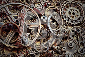 Steampunk background, machine and mechanical parts, large gears and chains from machines and tractors.