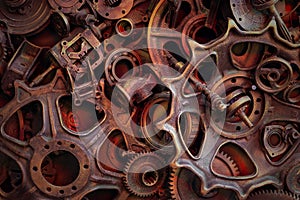 Steampunk background, machine and mechanical parts, large gears and chains from machines and tractors.