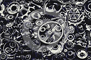 Steampunk background, machine and mechanical parts, large gears and chains from machines and tractors.