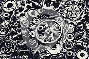 Steampunk background, machine and mechanical parts, large gears and chains from machines and tractors.