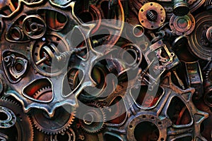 Steampunk background, machine and mechanical parts, large gears and chains from machines and tractors.