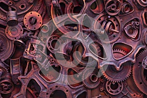 Steampunk background, machine and mechanical parts, large gears and chains from machines and tractors.