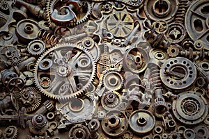 Steampunk background, machine and mechanical parts, large gears and chains from machines and tractors.