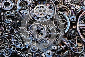 Steampunk background, machine and mechanical parts, large gears and chains from machines and tractors.