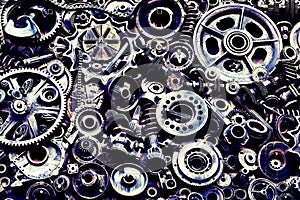 Steampunk background, machine and mechanical parts, large gears and chains from machines and tractors.