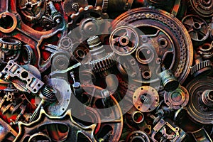 Steampunk background, machine and mechanical parts, large gears and chains from machines and tractors.