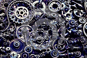 Steampunk background, machine and mechanical parts, large gears and chains from machines and tractors.